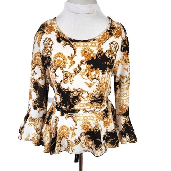 New Made Tops - New Made Black & Gold Fleur De Lis & Chain Hi Low Tie Waist Blouse Size Medium